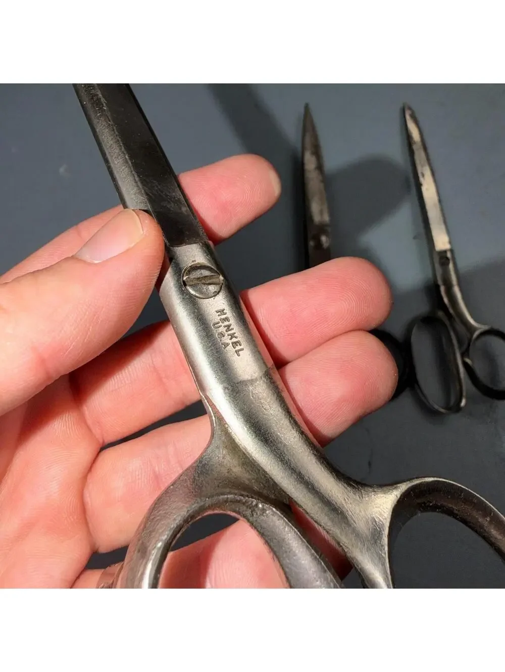 4 Pairs of Used Vintage Scissors Silver Handle Henkel Italy Steel Rare 60s
